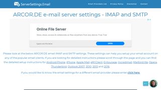 
                            11. ARCOR.DE email server settings - IMAP and SMTP ...