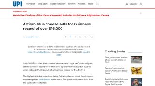 
                            8. Artisan blue cheese sells for Guinness record of over $16,000 - UPI.com