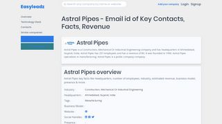 
                            7. Astral Pipes - Email id of Key Contacts, Facts, Revenue