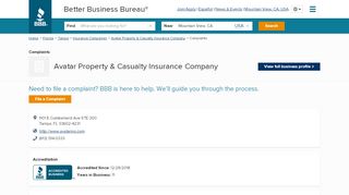 
                            2. Avatar Property & Casualty Insurance Company | Complaints ...