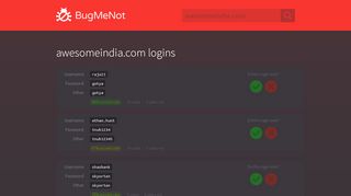 
                            6. awesomeindia.com passwords - BugMeNot