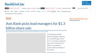 
                            6. Axis Bank picks lead managers for $1.3 billion share sale - The Hindu ...