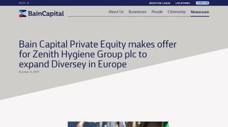 
                            8. Bain Capital Private Equity makes offer for Zenith Hygiene Group plc ...