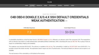 
                            2. C4B OBD-II Dongle 2.x/3.4.x SSH Default Credentials weak ... - VulDB