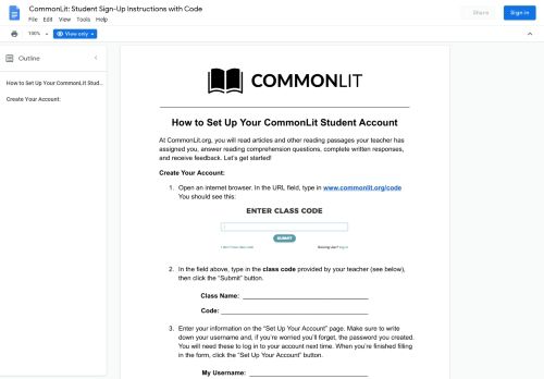 
                            7. CommonLit: Student Sign-Up Instructions with Code