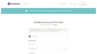 
                            2. Create an account. It's free! - WorldRemit