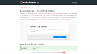 
                            2. Default settings of the ARRIS DG1670A - routerdefaults.org