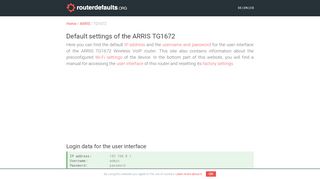 
                            1. Default settings of the ARRIS TG1672 - routerdefaults.org