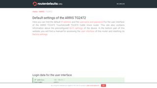 
                            11. Default settings of the ARRIS TG2472 - routerdefaults.org