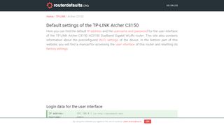 
                            1. Default settings of the TP-LINK Archer C3150