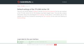 
                            1. Default settings of the TP-LINK Archer C8