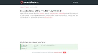 
                            4. Default settings of the TP-LINK TL-WR1043ND
