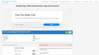 
                            2. Draytek Vigor 2800 Default Router Login and Password