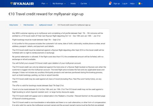 
                            5. €10 Travel credit reward for myRyanair sign-up