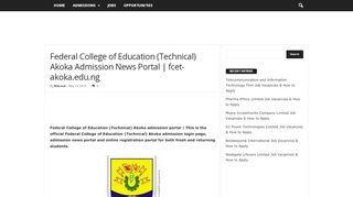 
                            9. Federal College of Education (Technical) Akoka Admission News Portal