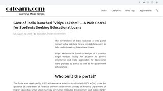 
                            9. Govt of India launched 'Vidya Lakshmi' – A Web Portal ... - c4learn.com