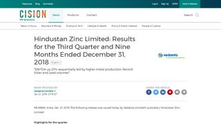 
                            9. Hindustan Zinc Limited: Results for the Third Quarter and Nine Months ...