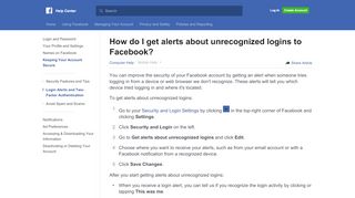 
                            7. How do I get alerts about unrecognized logins? | Facebook Help ...