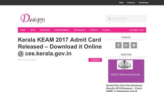 
                            5. Kerala KEAM 2017 Admit Card Released - desispy.com