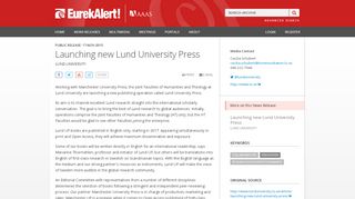 
                            2. Launching new Lund University Press | EurekAlert! Science ...