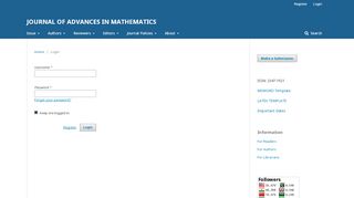 
                            1. Login | JOURNAL OF ADVANCES IN MATHEMATICS