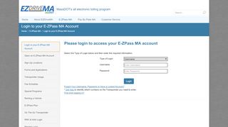
                            1. Login to your E-ZPass MA Account