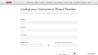 
                            2. Lookup your Username or Wizard Number | Avis Rent a Car