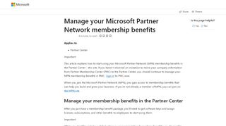 
                            2. Manage your Microsoft Partner Network membership benefits