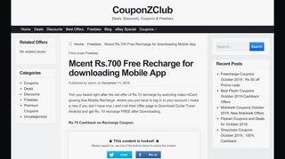 
                            6. Mcent Rs.700 Free Recharge for downloading Mobile App