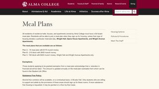 
                            1. Meal Plans: Housing and Residence Life: Alma College