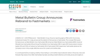 
                            9. Metal Bulletin Group Announces Rebrand to Fastmarkets - PR Newswire