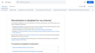 
                            4. Monetization is disabled for my channel - YouTube Help