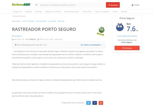 
                            10. RASTREADOR PORTO SEGURO - Reclame Aqui