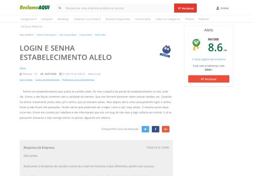 
                            5. Reclame Aqui - Alelo - LOGIN E SENHA ESTABELECIMENTO …