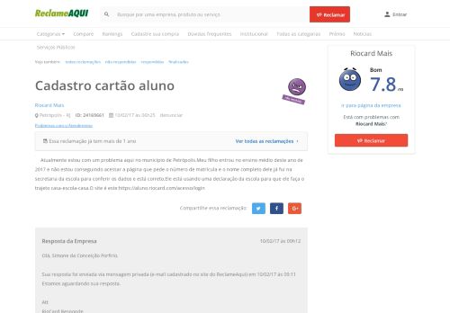 
                            5. Reclame Aqui - RioCard Mais - Cadastro cartão aluno