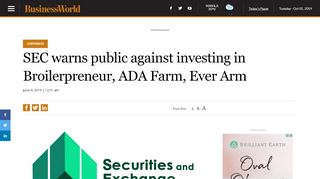 
                            9. SEC warns public against investing in Broilerpreneur, ADA Farm, Ever ...