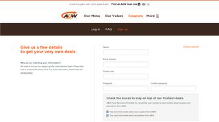 
                            1. Sign Up Get coupons and offers at A&W Canada