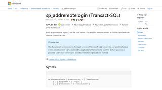 
                            4. sp_addremotelogin (Transact-SQL) - SQL Server | Microsoft Docs