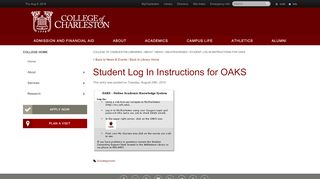 
                            4. Student Log In Instructions for OAKS - College of Charleston