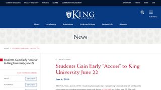 
                            1. Students Gain Early “Access” to King University June 22 | King University