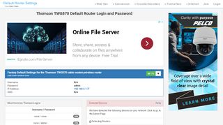 
                            2. Thomson TWG870 Default Router Login and Password