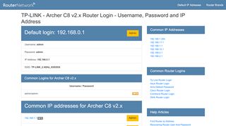 
                            9. TP-LINK - Archer C8 v2.x Default Login and Password