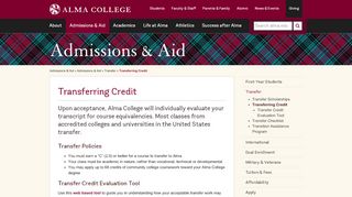 
                            9. Transferring Credit: Admissions & Aid: Alma College