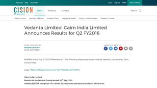 
                            8. Vedanta Limited: Cairn India Limited Announces Results for ...