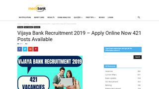 
                            3. Vijaya Bank Recruitment 2019 - 421 Posts Apply Now ...