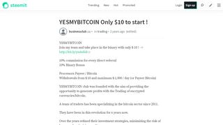 
                            7. YESMYBITCOIN Only $10 to start ! — Steemit