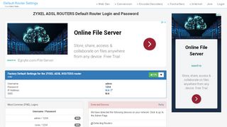 
                            7. ZYXEL ADSL ROUTERS Default Router Login and Password