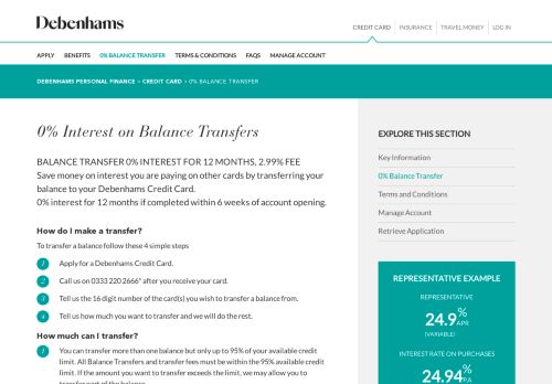 
                            8. 0% Balance Transfer | Credit Card | Debenhams Personal Finance
