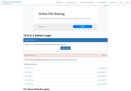 
                            2. 10.0.0.2 Admin Login, Password, and IP - Clean CSS
