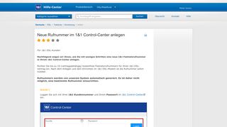 
                            4. 1&1 Hilfe Center - Neue Rufnummer im 1&1 Control-Center anlegen